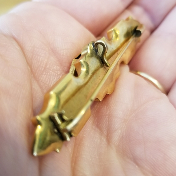 Antique brooch taille d'epargne bar pin gold tone Victorian - Picture 10 of 14